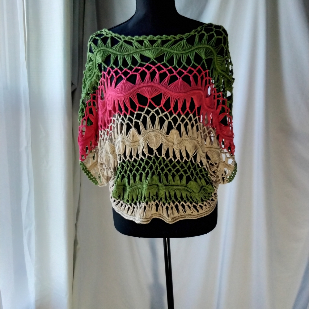 Vici Green Pink Cream Crochet Sweater